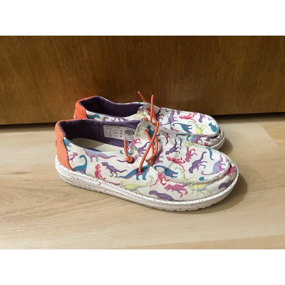 Hey Dude Wendy Youth White Dino Print Slip On Shoe US 2